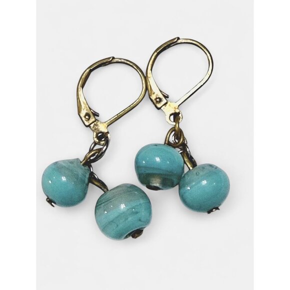 Vintage Turquoise Swirl Glass Bead Dangle Earrings - Picture 1 of 8